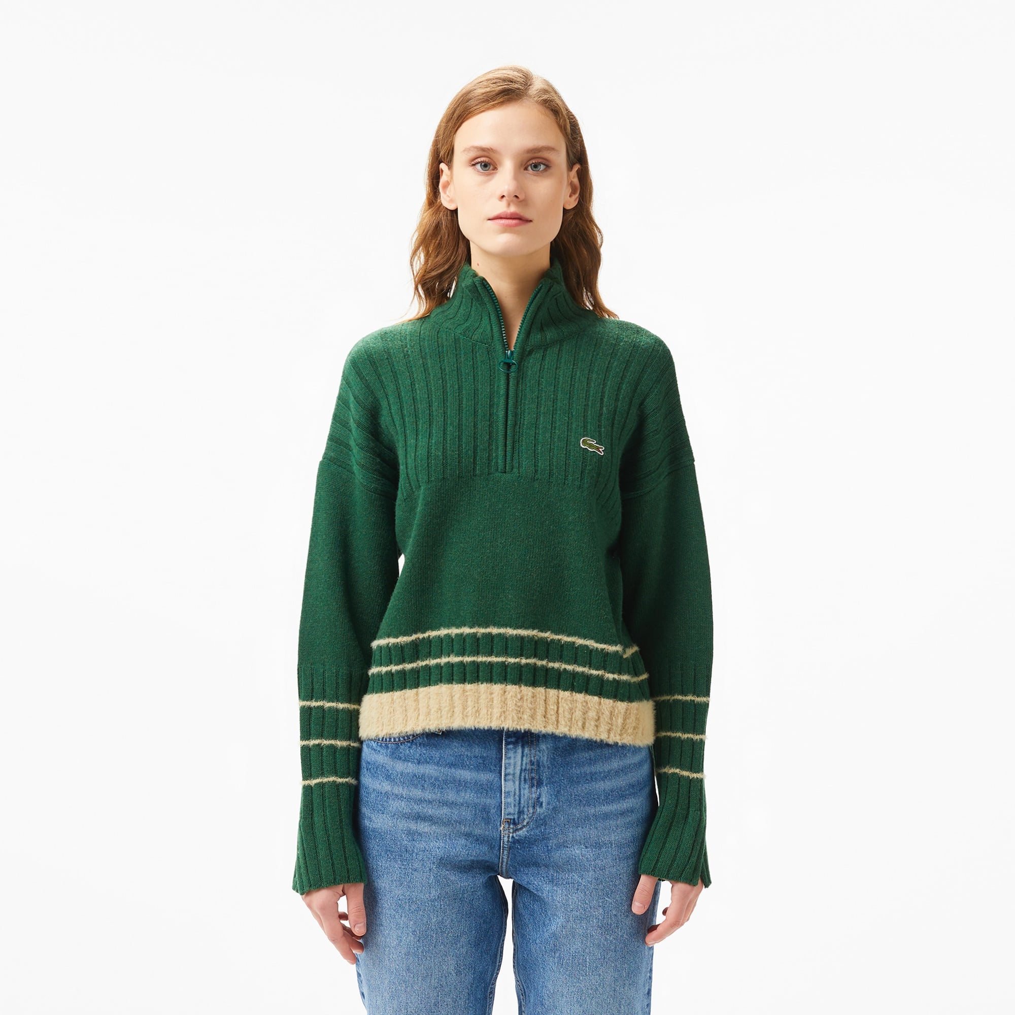 Lacoste Kadın Regular Fit Yarım Fermuarlı Renk Bloklu Yeşil Kazak