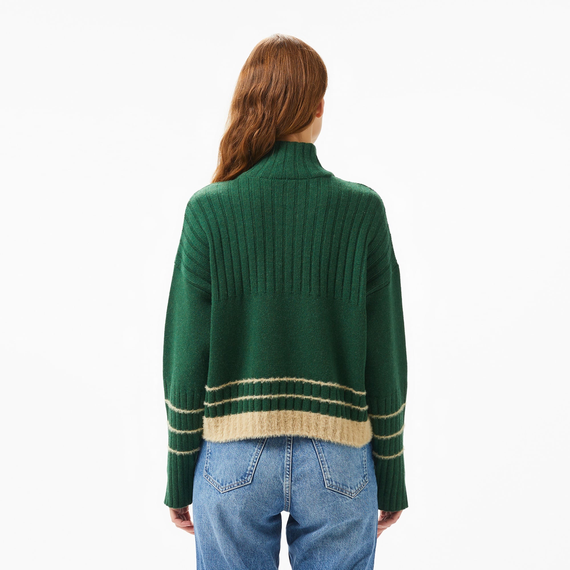 Lacoste Kadın Regular Fit Yarım Fermuarlı Renk Bloklu Yeşil Kazak