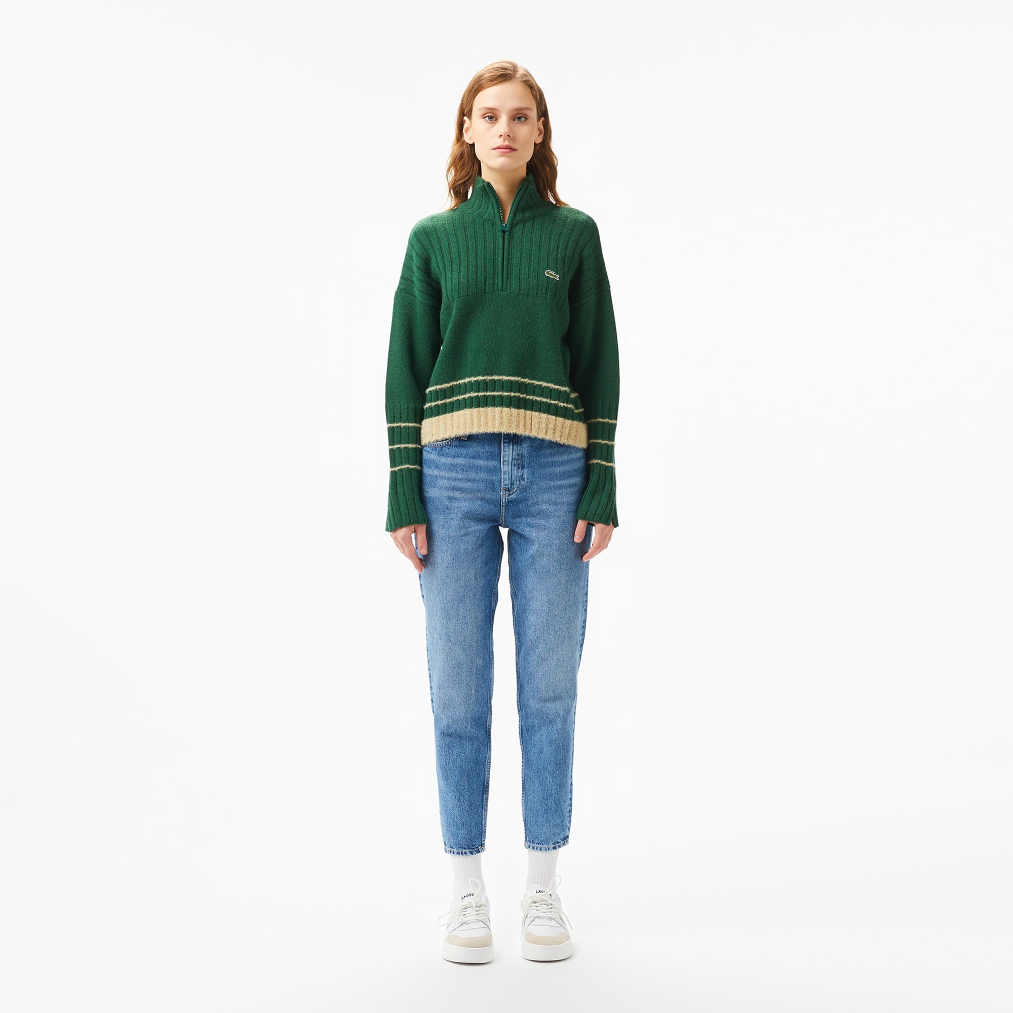 Lacoste Kadın Regular Fit Yarım Fermuarlı Renk Bloklu Yeşil Kazak