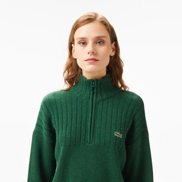  Lacoste Kadın Regular Fit Yarım Fermuarlı Renk Bloklu Yeşil Kazak