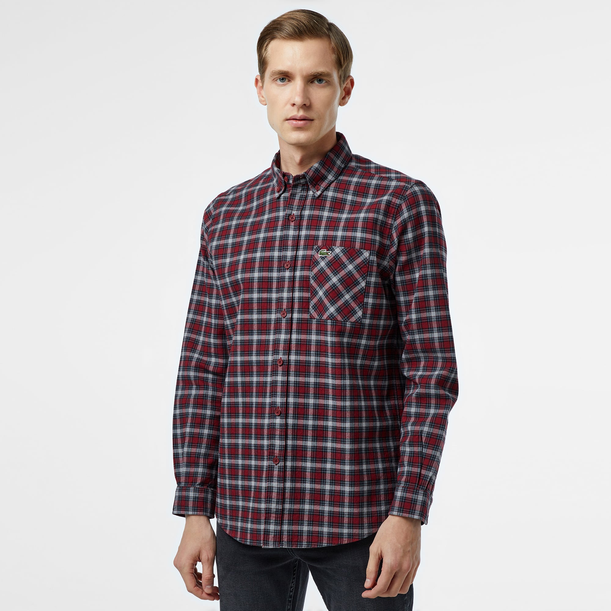  Lacoste Erkek Regular Fit Ekose Bordo Gömlek