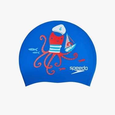  Speedo Printed  Silicone Çocuk Mavi Yüzücü Bonesi