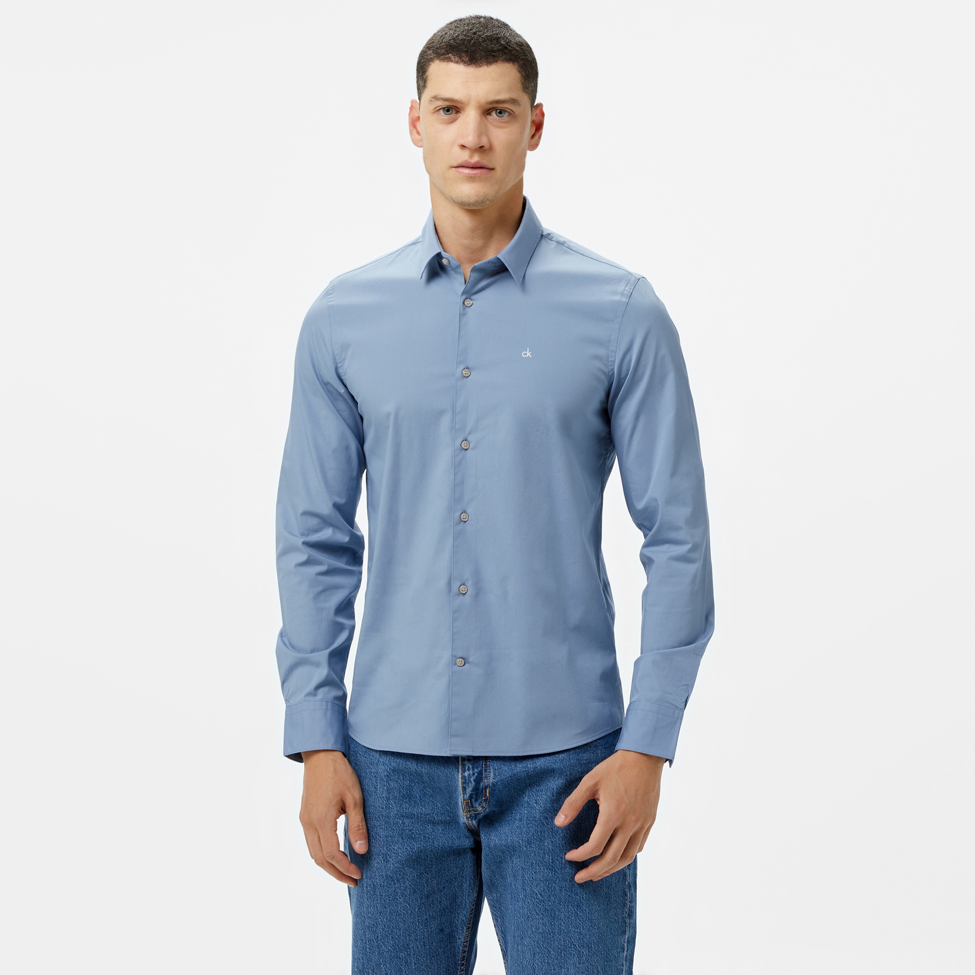 Calvin Klein Poplin Stretch Slim Erkek Mavi Gömlek