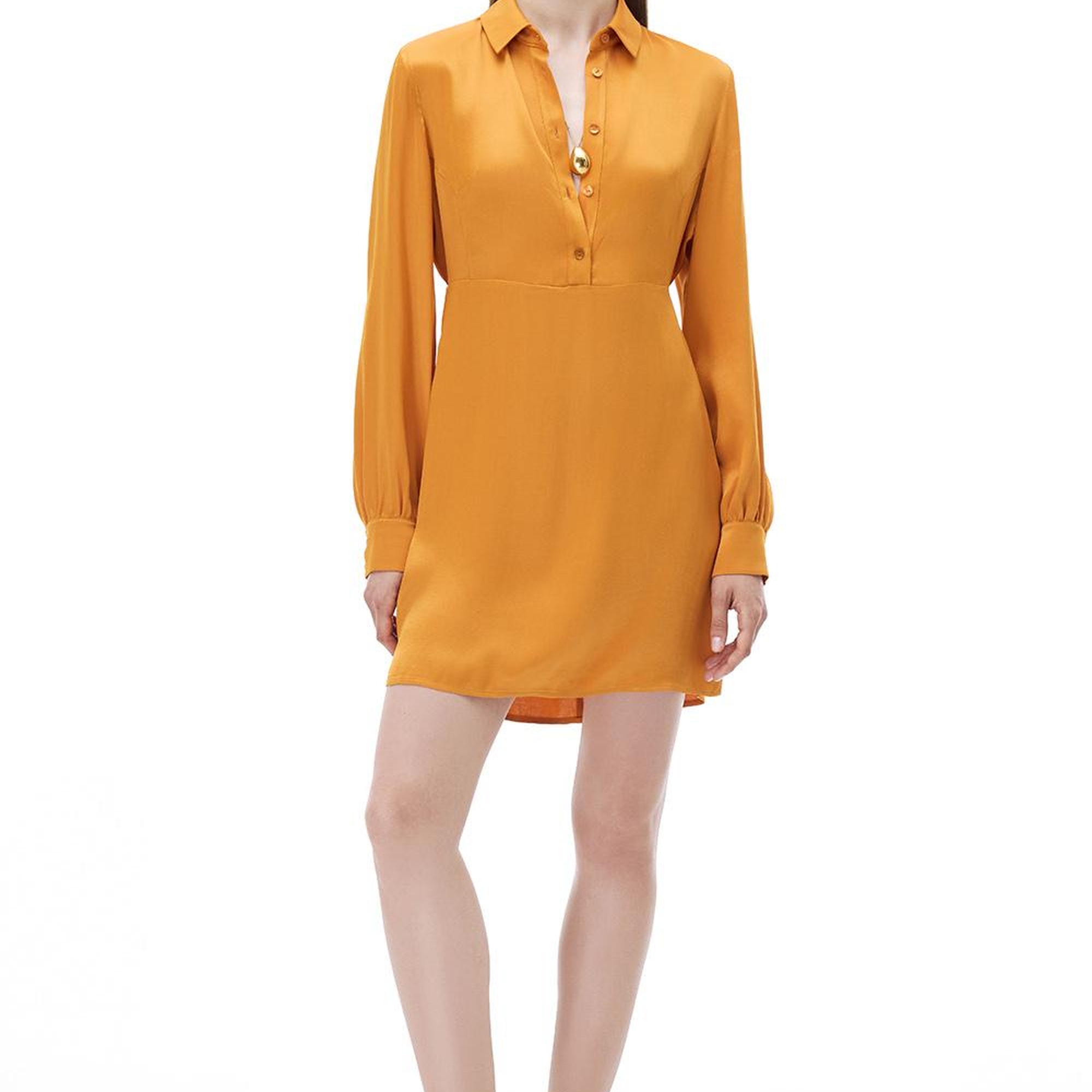 Safira Regular Fit Kısa Boy Takma Kol Gömlek Yaka Turuncu Elbise