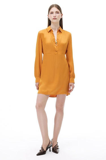  Safira Regular Fit Kısa Boy Takma Kol Gömlek Yaka Turuncu Elbise