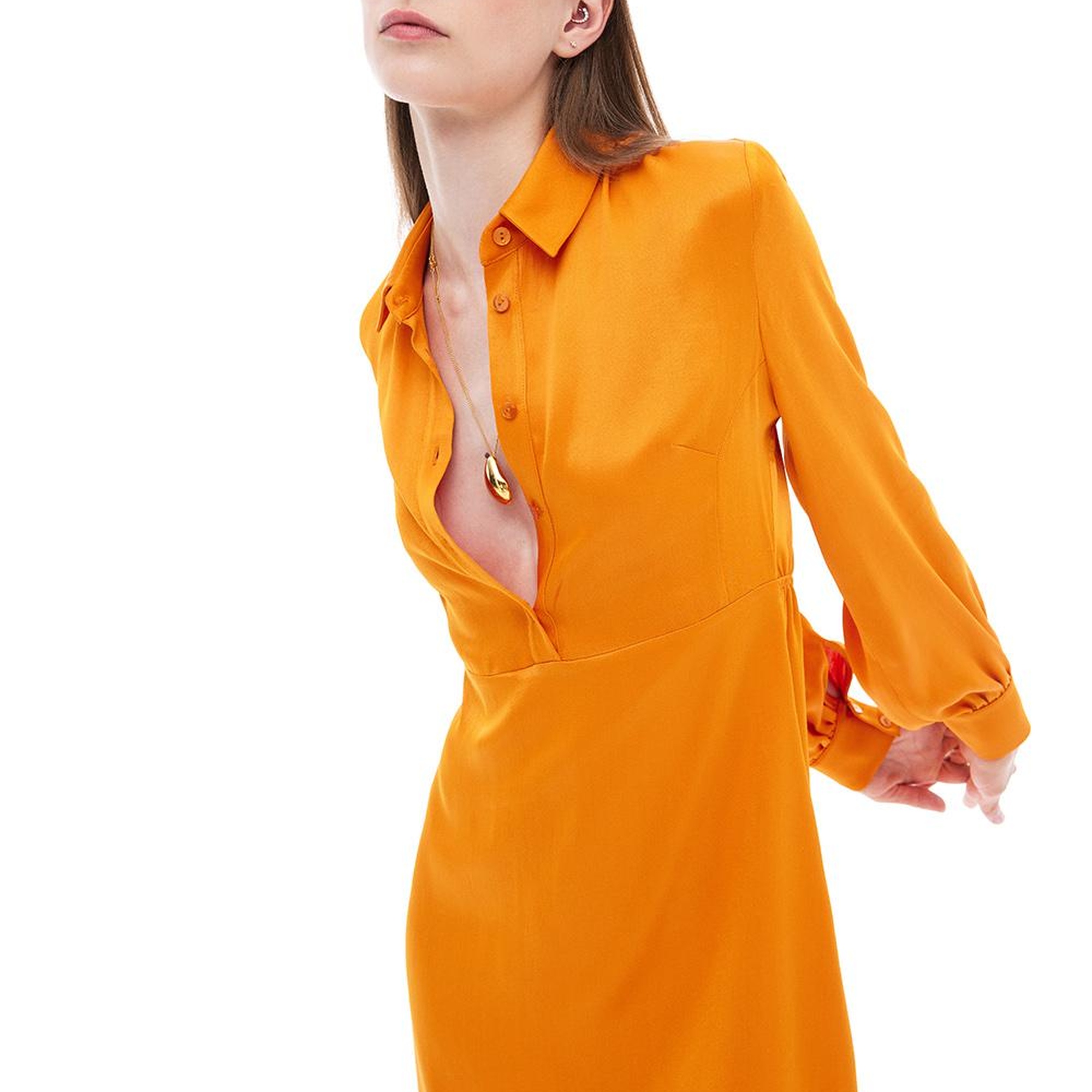 Safira Regular Fit Kısa Boy Takma Kol Gömlek Yaka Turuncu Elbise
