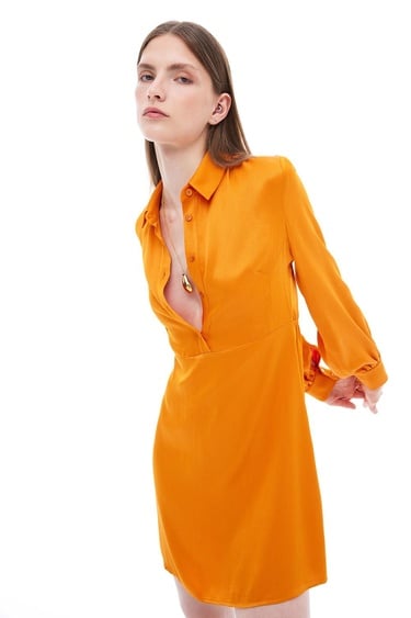  Safira Regular Fit Kısa Boy Takma Kol Gömlek Yaka Turuncu Elbise