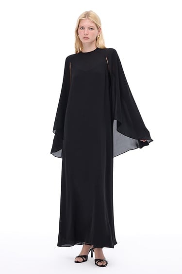  Alfas Rahat Kalıp Maxi Boy Yarasa Kol Yuvarlak Yaka Siyah Elbise