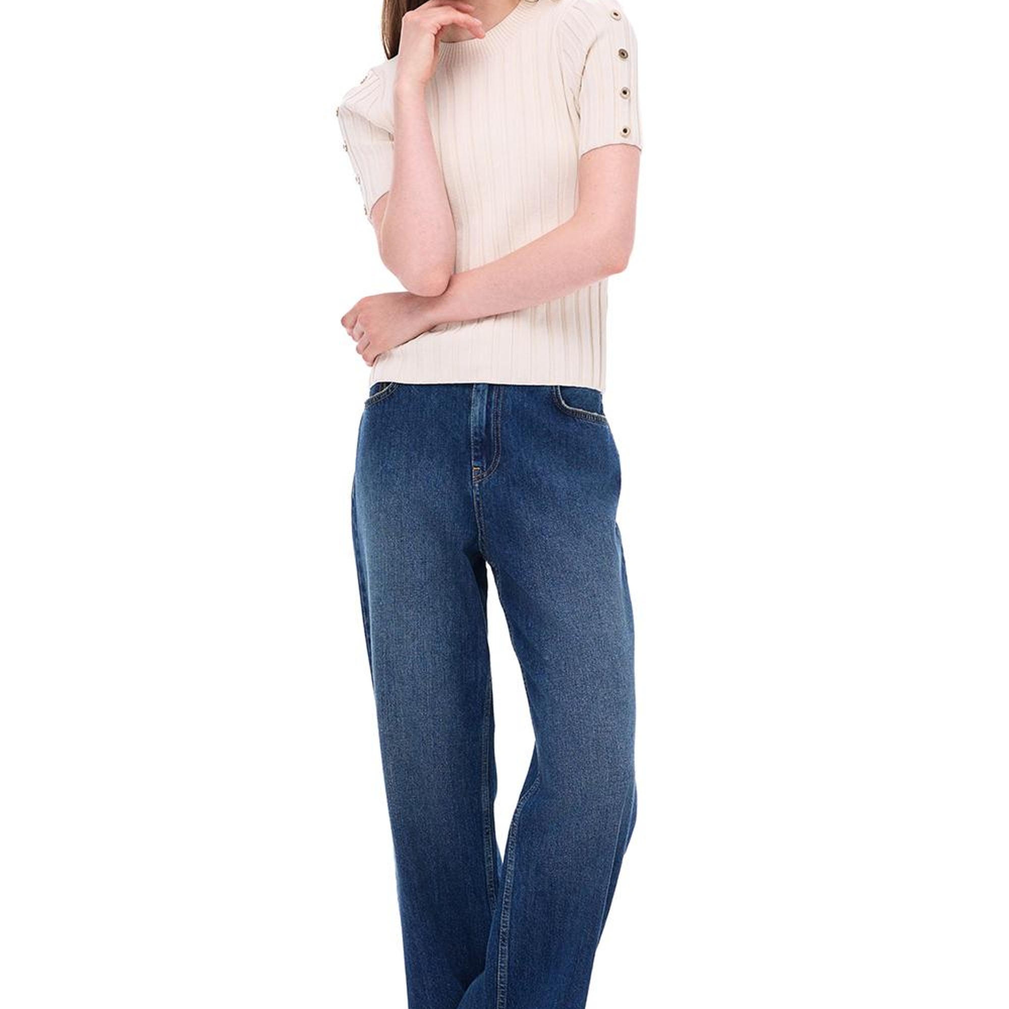 Triko Slim Fit Standart Boy Takma Kol Bisiklet Yaka Bej Bluz