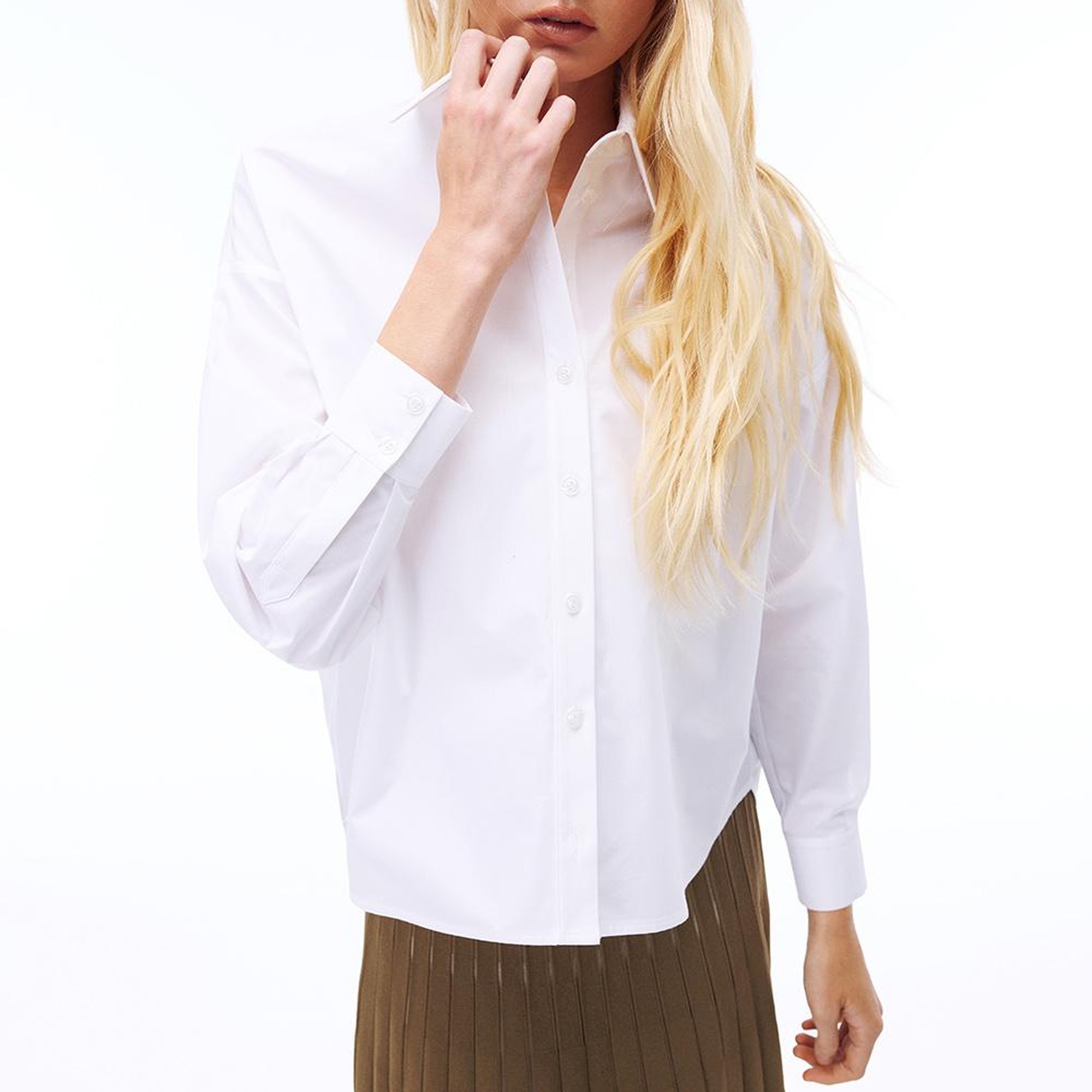 Depth Rahat Kalıp Takma Kol Gömlek Yaka Beyaz Renk Kadın Gömlek