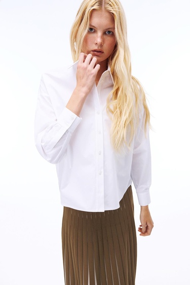  Depth Rahat Kalıp Takma Kol Gömlek Yaka Beyaz Renk Kadın Gömlek