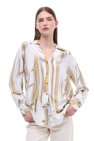  Serenity Regular Fit Soyut Desenli Standart Boy Takma Kol Gömlek Yaka Ekru Renk Kadın Gömlek