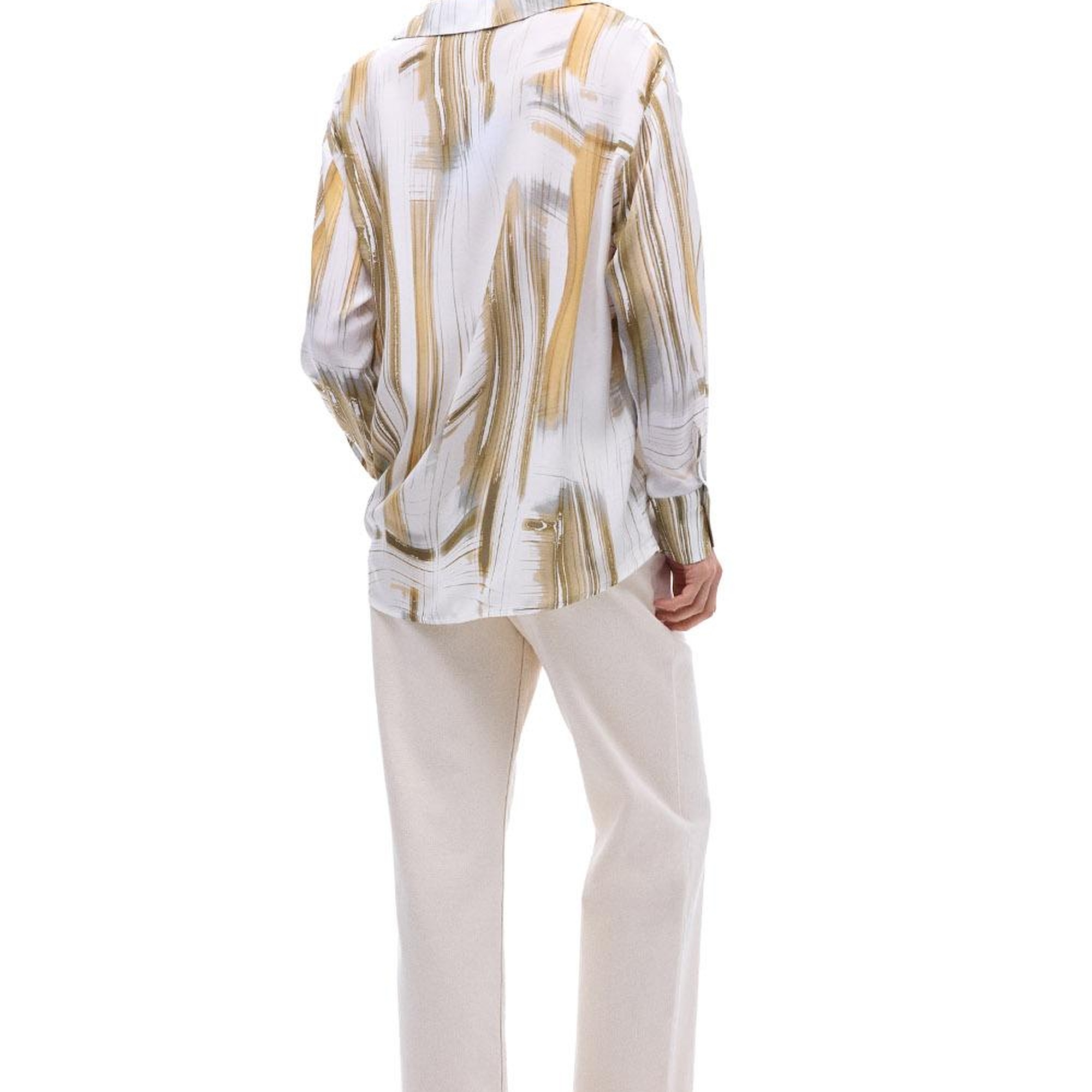 Serenity Regular Fit Soyut Desenli Standart Boy Takma Kol Gömlek Yaka Ekru Renk Kadın Gömlek