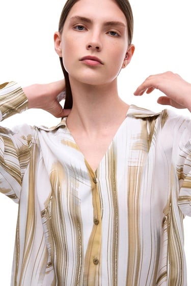  Serenity Regular Fit Soyut Desenli Standart Boy Takma Kol Gömlek Yaka Ekru Renk Kadın Gömlek