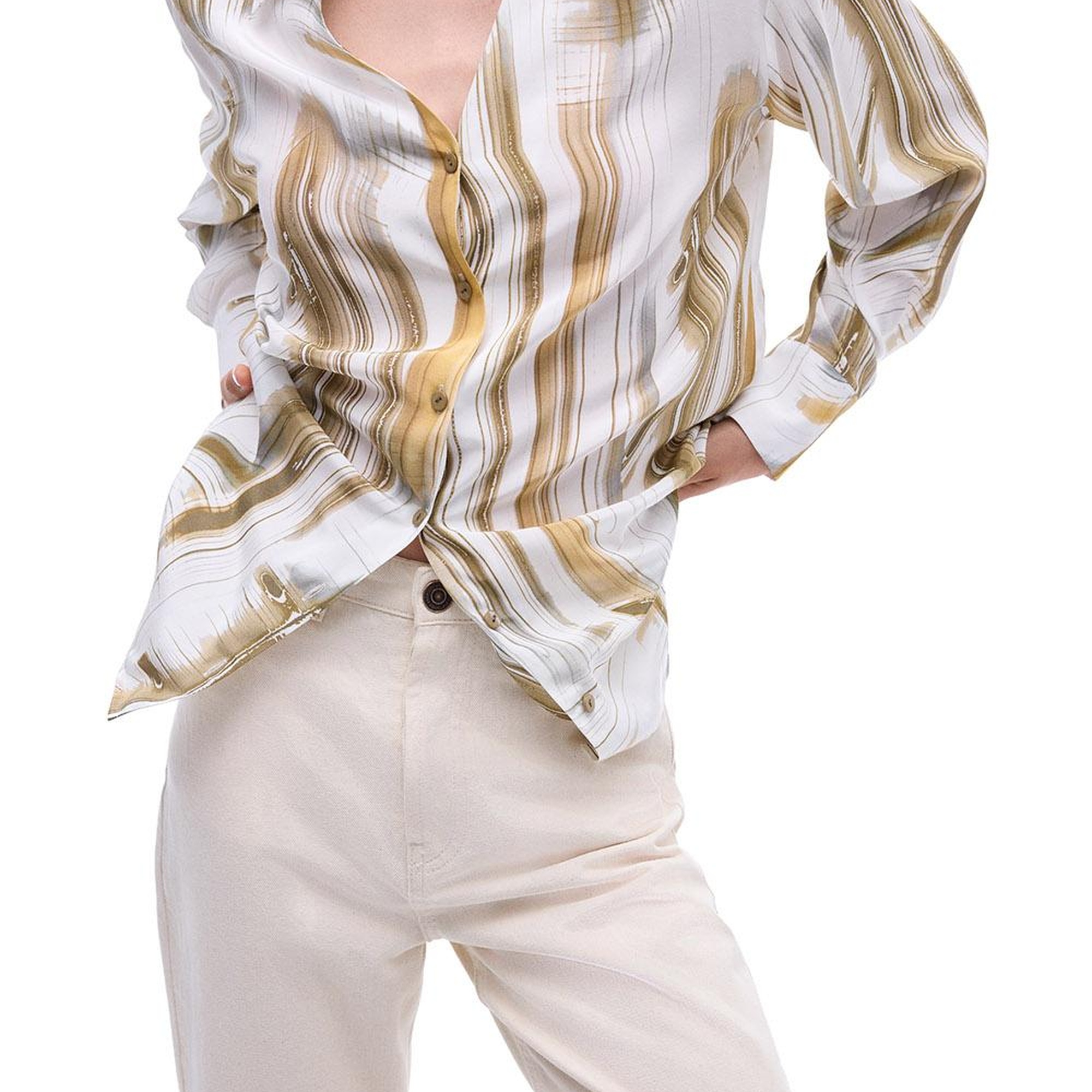 Serenity Regular Fit Soyut Desenli Standart Boy Takma Kol Gömlek Yaka Ekru Renk Kadın Gömlek