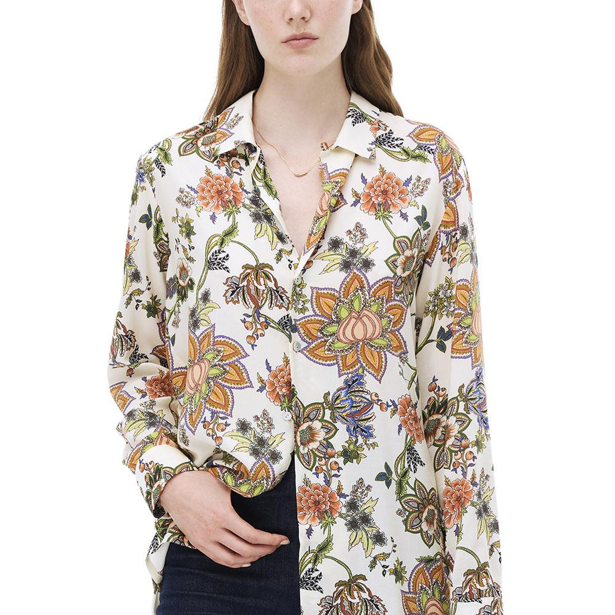 Sahras Rahat Kalıp Çiçek Desen Standart Boy Düşük Kollu Gömlek Yaka Çok Renkli Gömlek