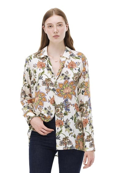  Sahras Rahat Kalıp Çiçek Desen Standart Boy Düşük Kollu Gömlek Yaka Çok Renkli Gömlek