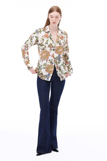  Sahras Rahat Kalıp Çiçek Desen Standart Boy Düşük Kollu Gömlek Yaka Çok Renkli Gömlek