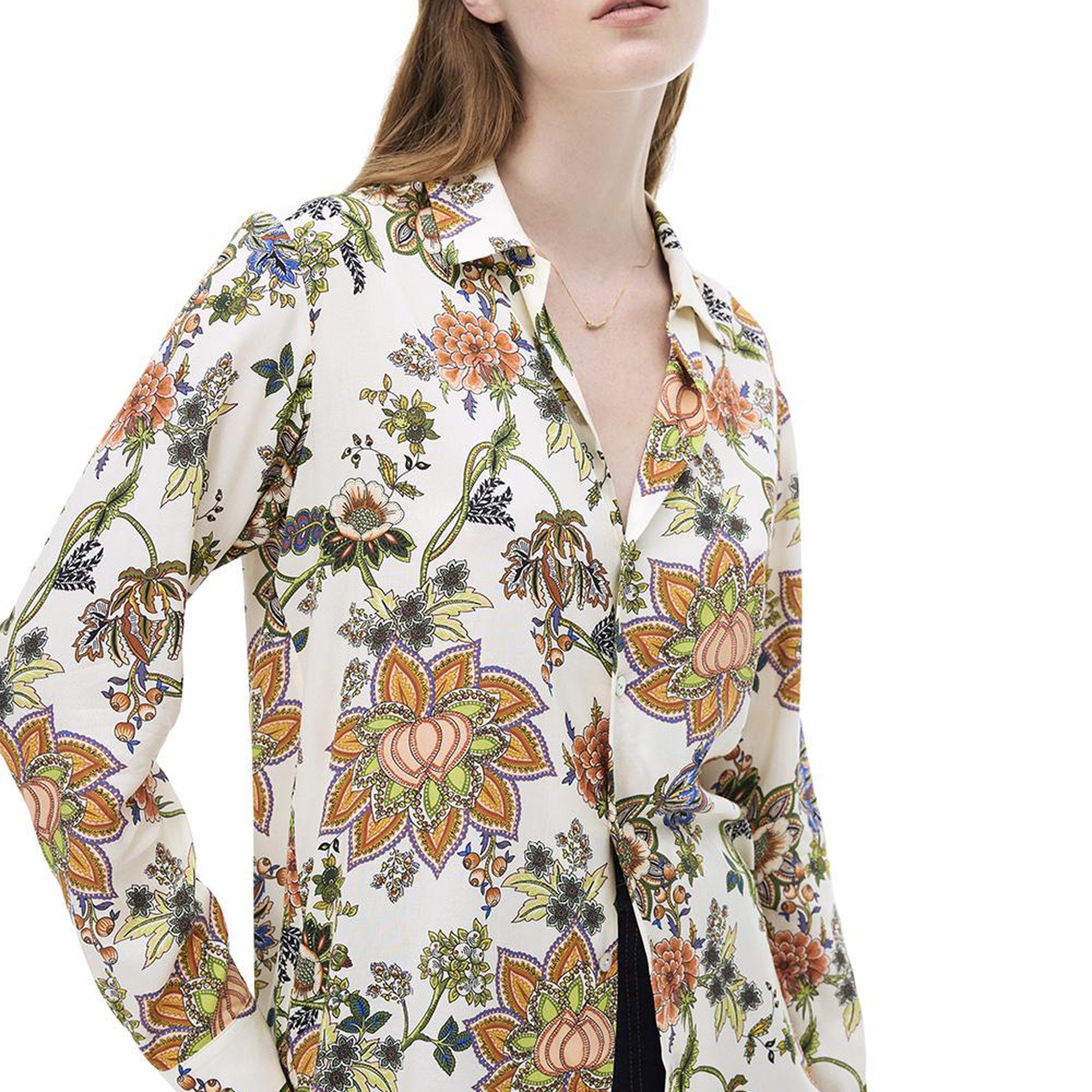 Sahras Rahat Kalıp Çiçek Desen Standart Boy Düşük Kollu Gömlek Yaka Çok Renkli Gömlek