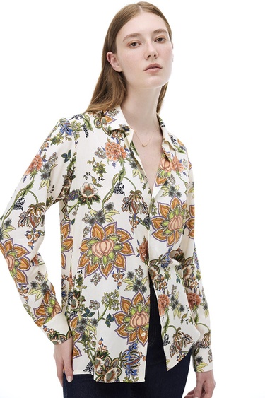  Sahras Rahat Kalıp Çiçek Desen Standart Boy Düşük Kollu Gömlek Yaka Çok Renkli Gömlek