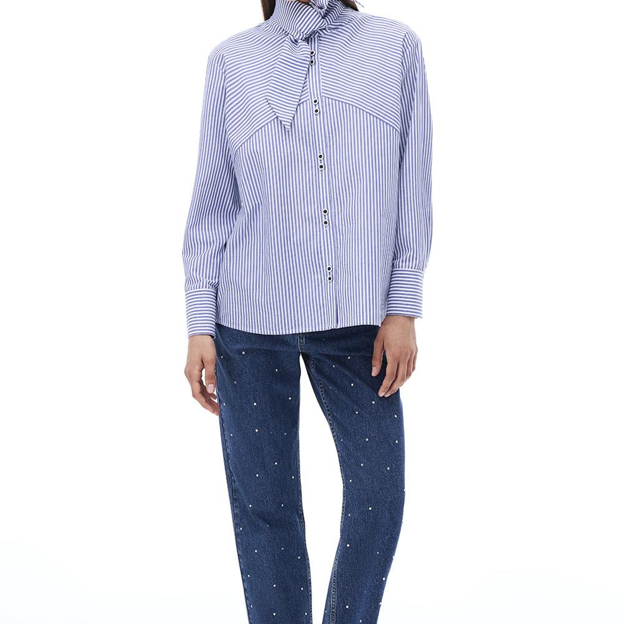 Adalias Regular Fit Çizgili Desen Standart Boy Düşük Kollu Gömlek Yaka Beyaz İndigo Gömlek