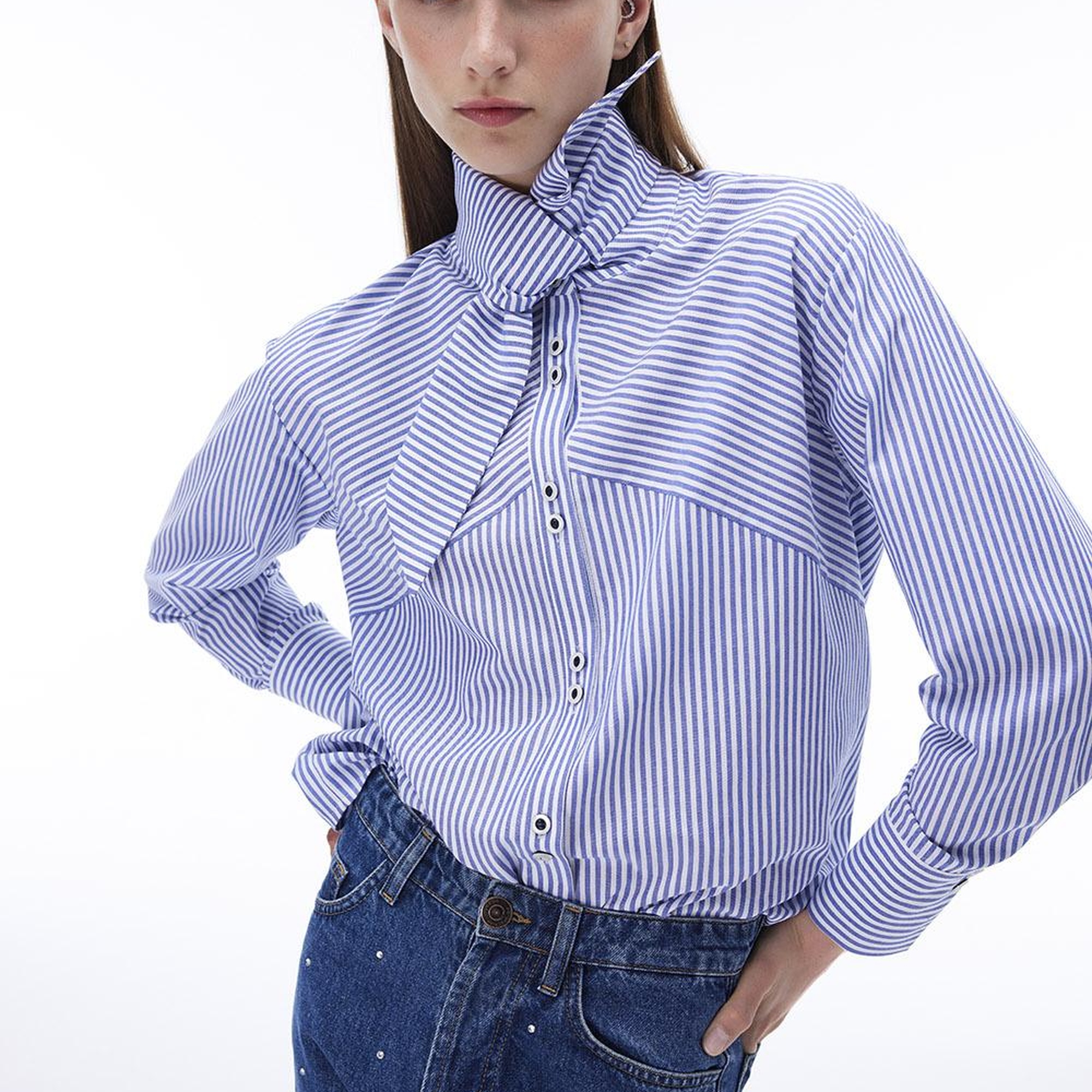 Adalias Regular Fit Çizgili Desen Standart Boy Düşük Kollu Gömlek Yaka Beyaz İndigo Gömlek