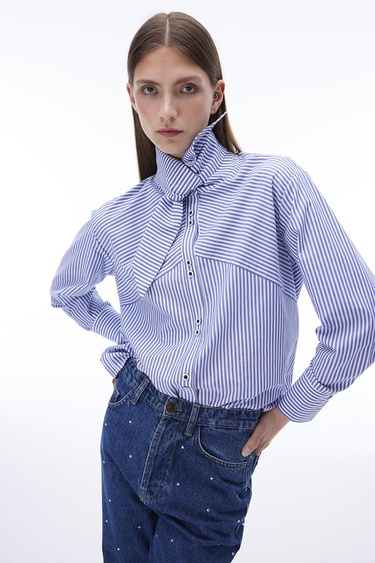  Adalias Regular Fit Çizgili Desen Standart Boy Düşük Kollu Gömlek Yaka Beyaz İndigo Gömlek