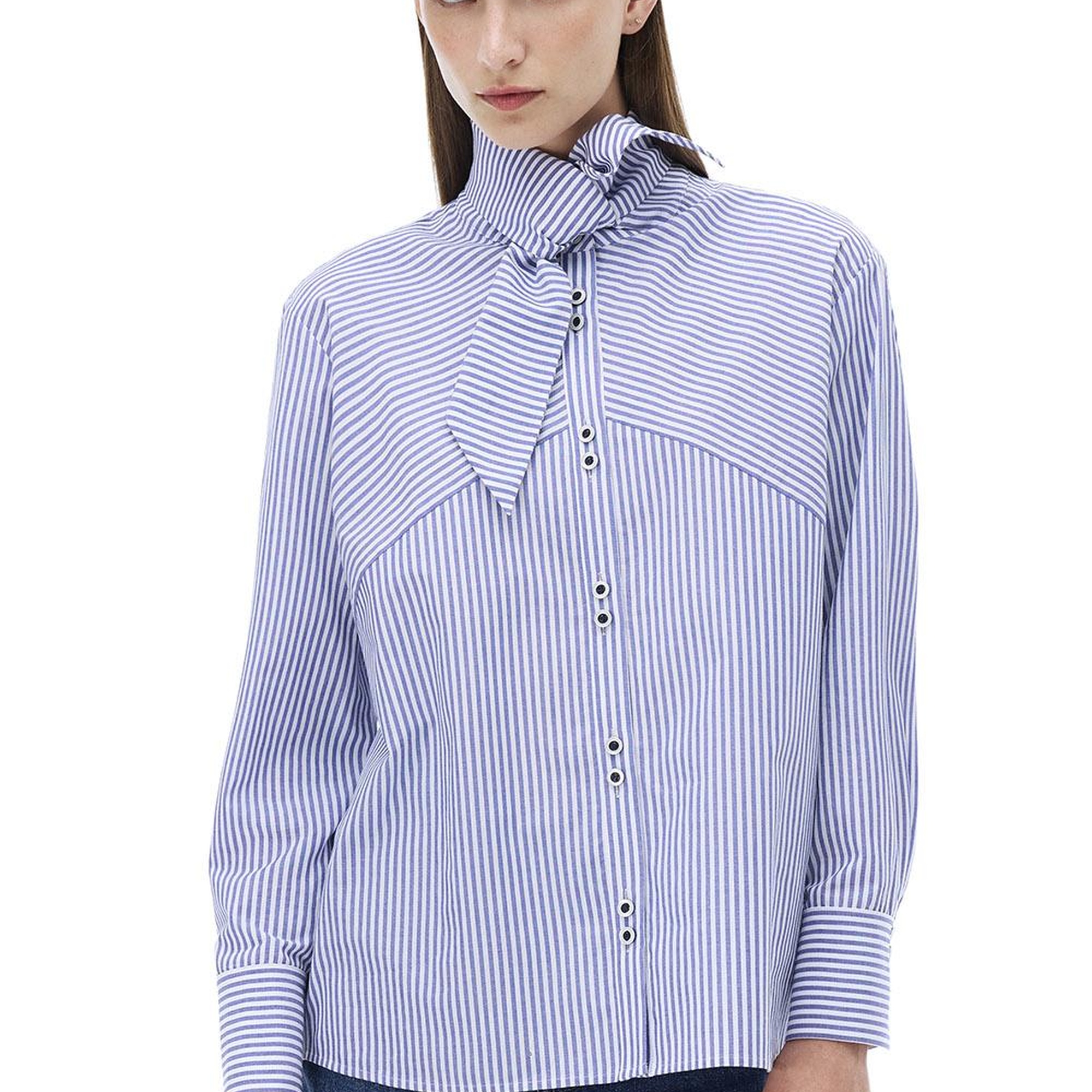 Adalias Regular Fit Çizgili Desen Standart Boy Düşük Kollu Gömlek Yaka Beyaz İndigo Gömlek