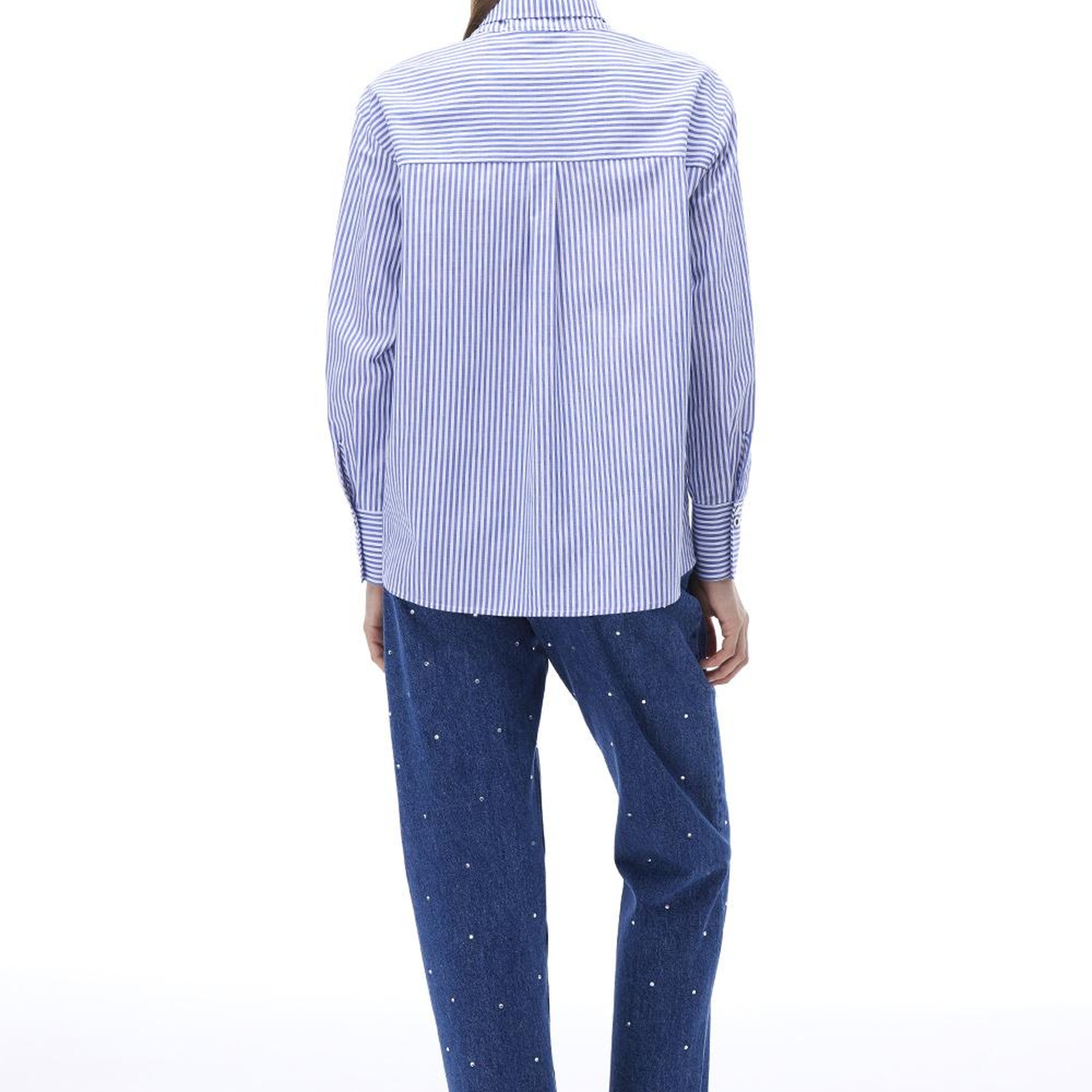 Adalias Regular Fit Çizgili Desen Standart Boy Düşük Kollu Gömlek Yaka Beyaz İndigo Gömlek