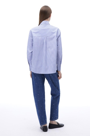  Adalias Regular Fit Çizgili Desen Standart Boy Düşük Kollu Gömlek Yaka Beyaz İndigo Gömlek
