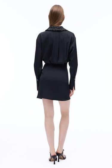  Pandoras Regular Fit Diz Üstü Düşük Kollu Gömlek Yaka Siyah Elbise