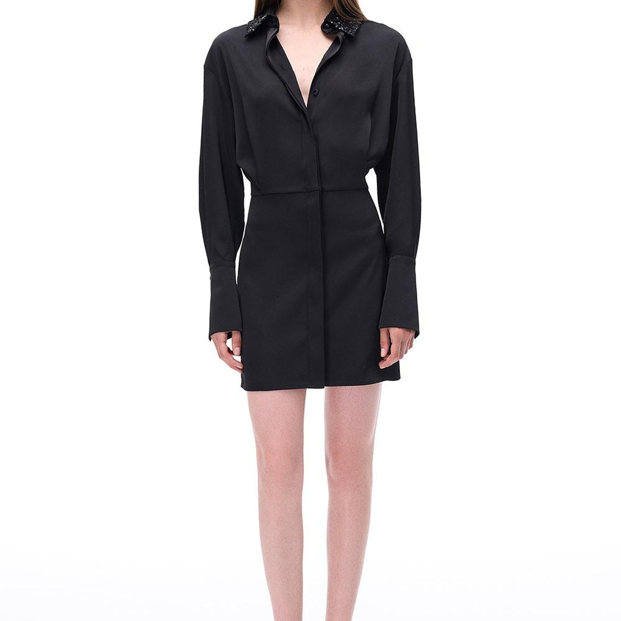 Pandoras Regular Fit Diz Üstü Düşük Kollu Gömlek Yaka Siyah Elbise
