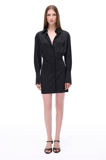  Pandoras Regular Fit Diz Üstü Düşük Kollu Gömlek Yaka Siyah Elbise
