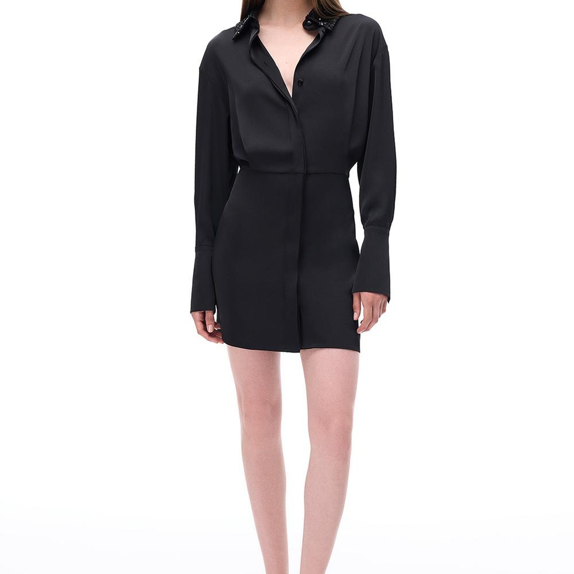 Pandoras Regular Fit Diz Üstü Düşük Kollu Gömlek Yaka Siyah Elbise