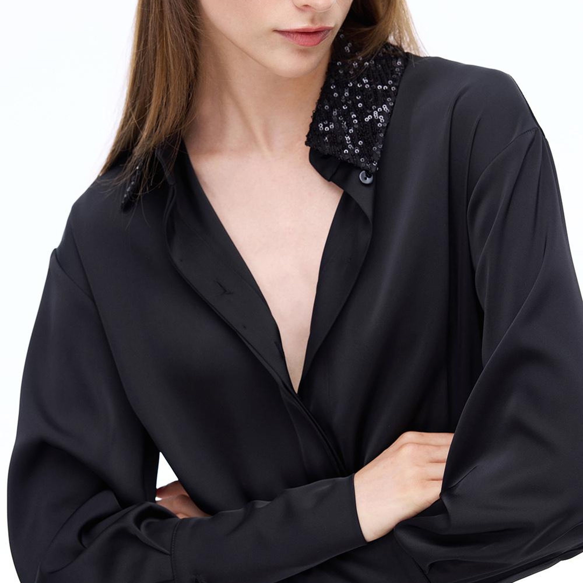 Pandoras Regular Fit Diz Üstü Düşük Kollu Gömlek Yaka Siyah Elbise