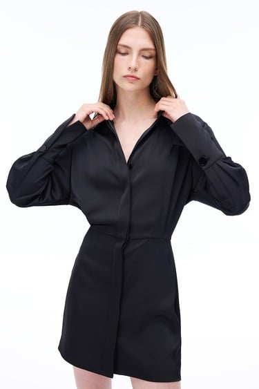  Pandoras Regular Fit Diz Üstü Düşük Kollu Gömlek Yaka Siyah Elbise