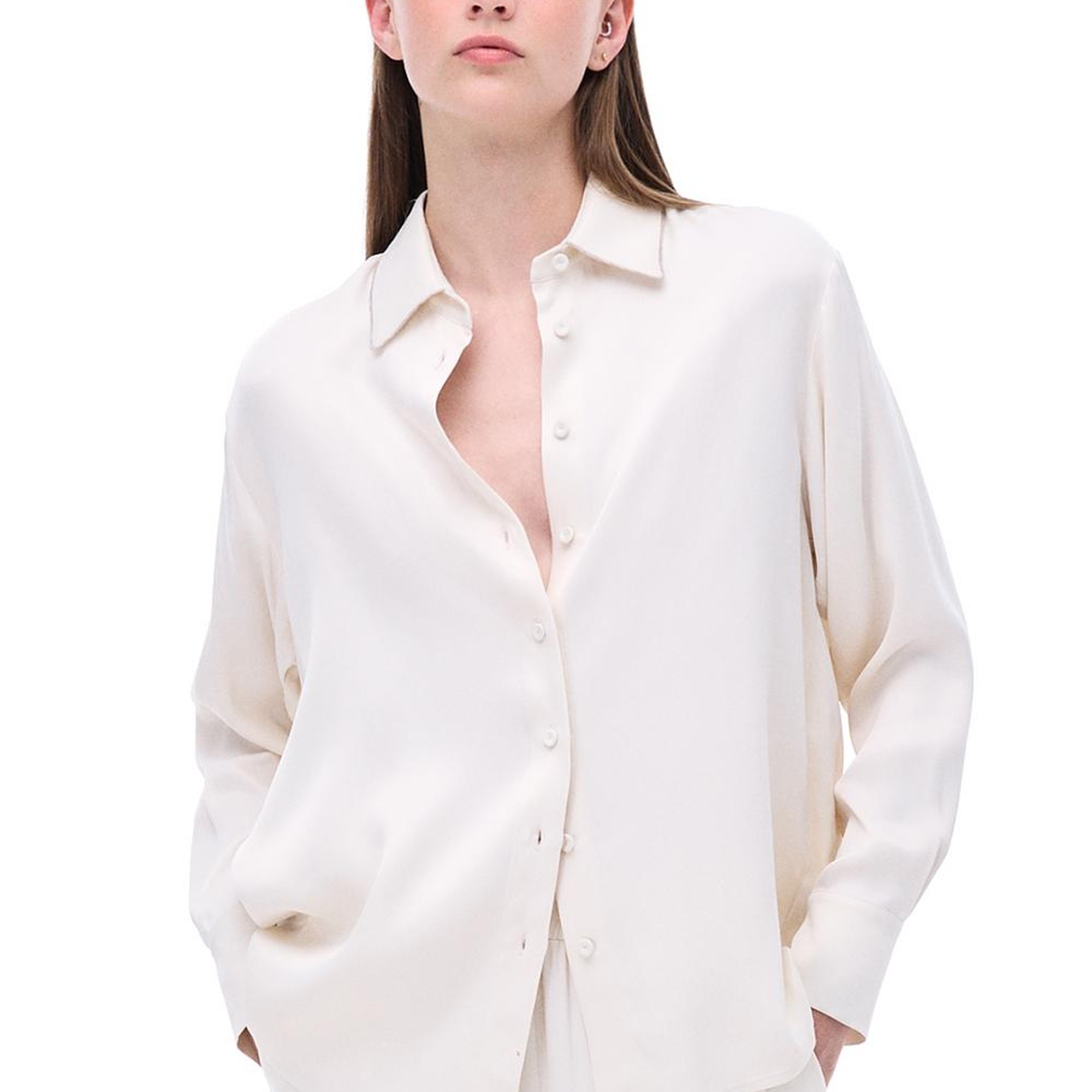 Safira Rahat Kalıp Düşük Kollu Gömlek Yaka Ekru Renk Kadın Gömlek