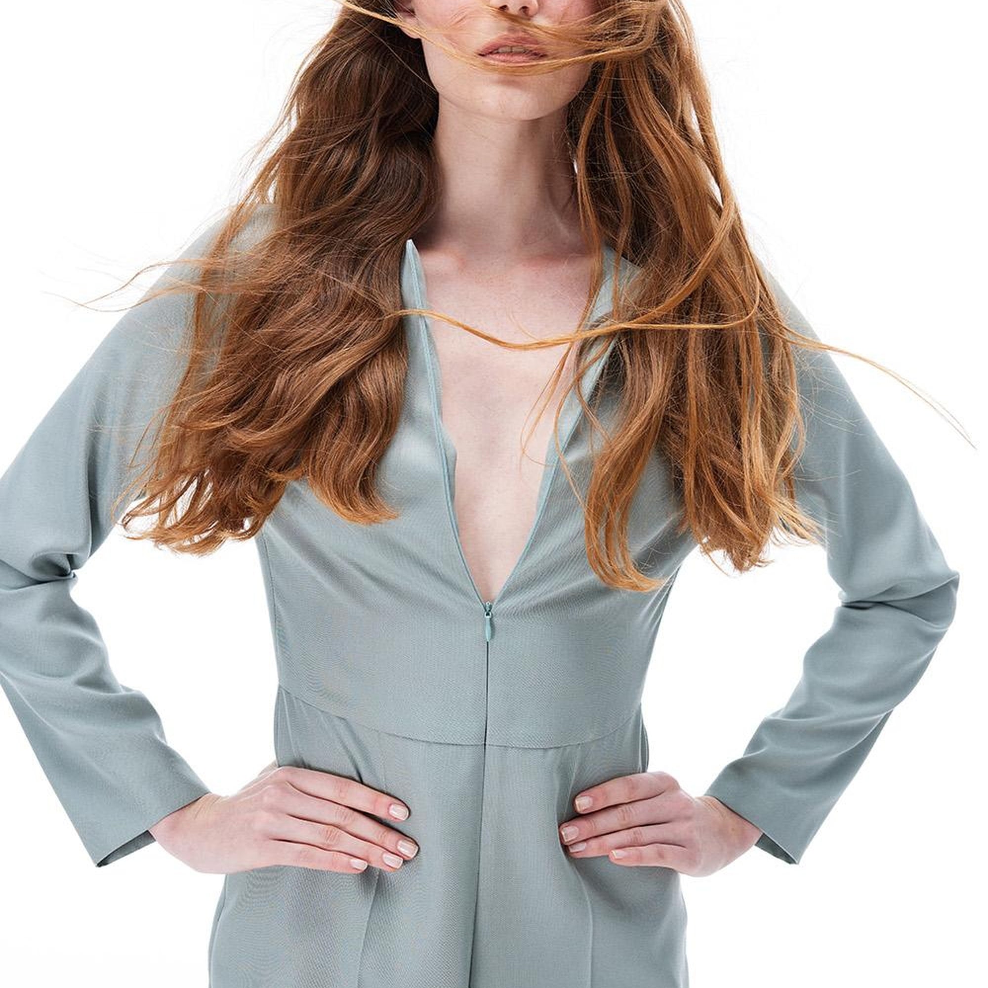 Morla Regular Fit Uzun Boy Takma Kol Yuvarlak Yaka Mint Tulum