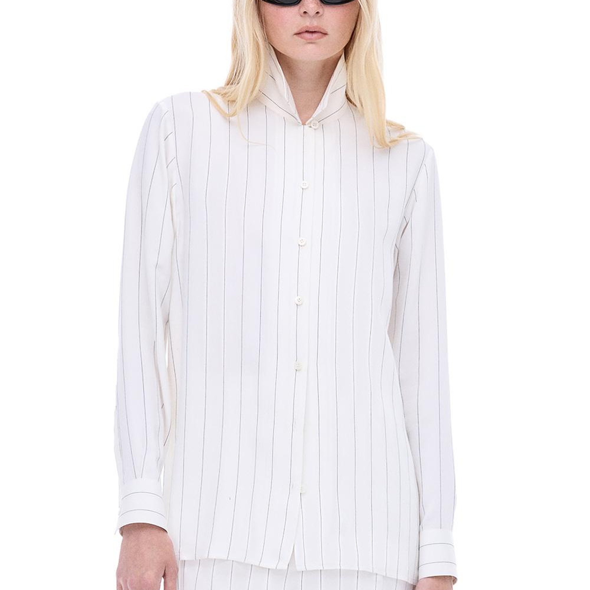 Aponias Rahat Kalıp Çizgili Desen Standart Boy Takma Kol Gömlek Yaka Ekru Gömlek