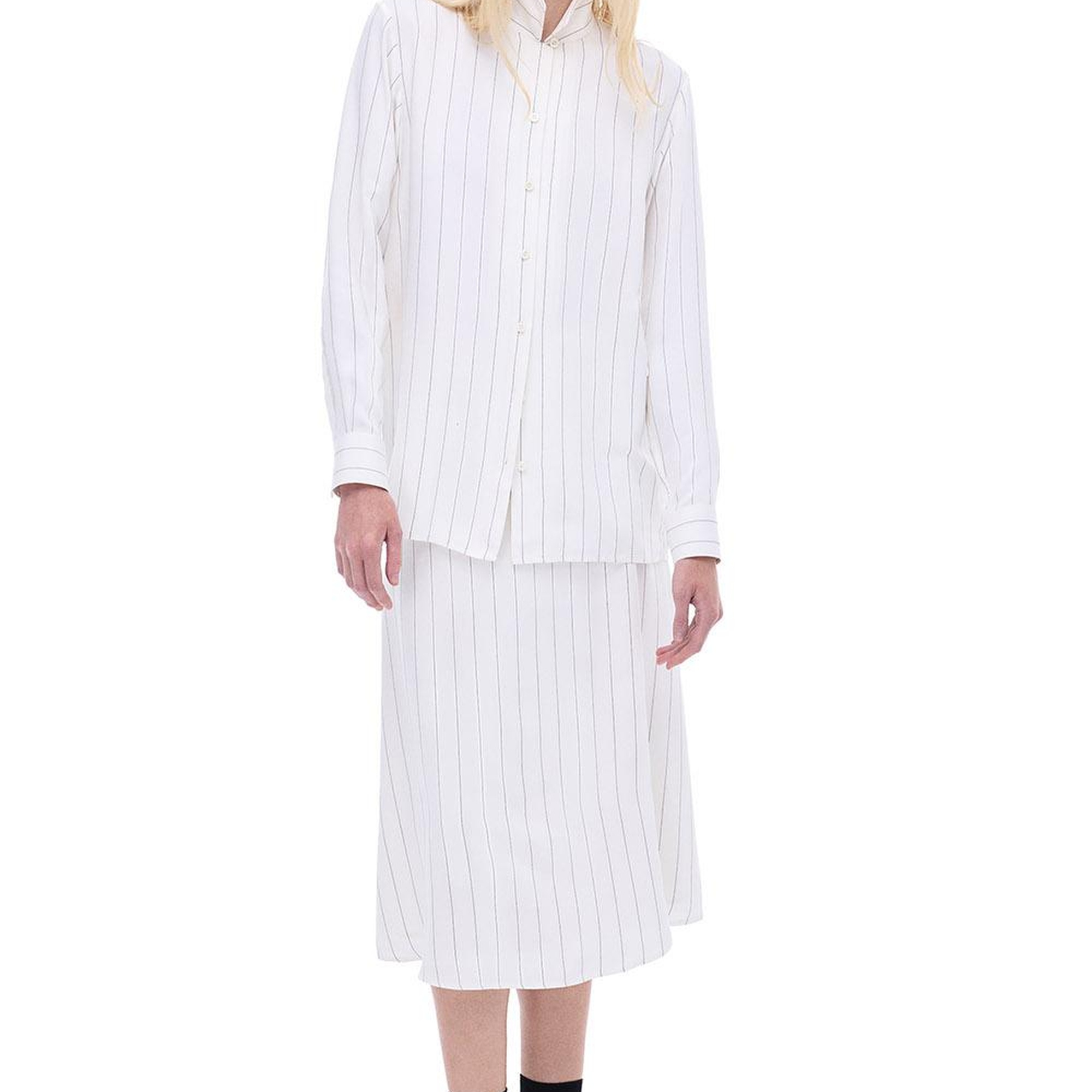 Aponias Rahat Kalıp Çizgili Desen Standart Boy Takma Kol Gömlek Yaka Ekru Gömlek