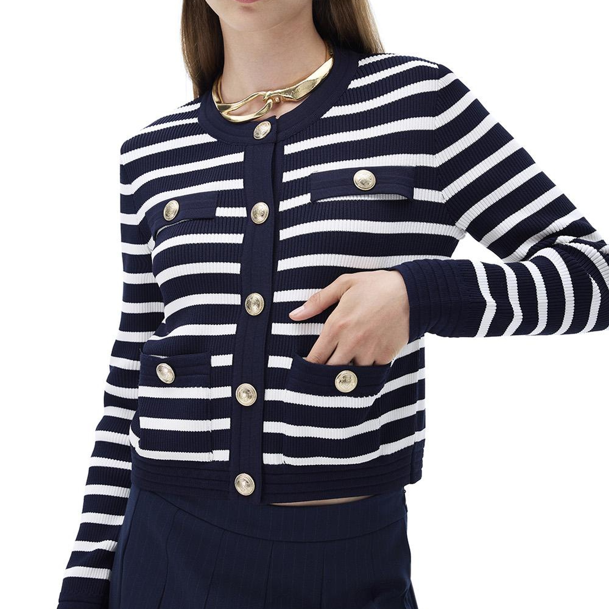 Triko Slim Fit Standart Boy Takma Kol Bisiklet Yaka Ekru lacıvert Hırka