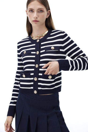  Triko Slim Fit Standart Boy Takma Kol Bisiklet Yaka Ekru lacıvert Hırka