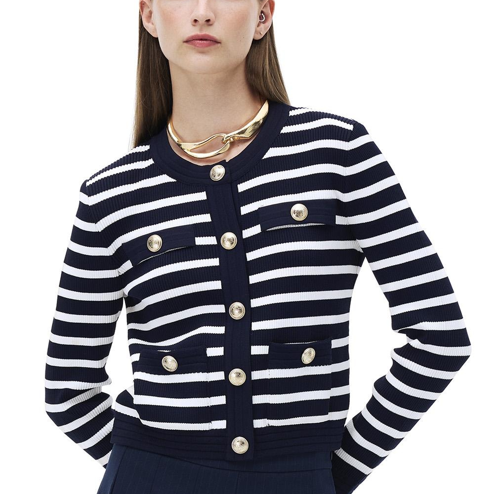 Triko Slim Fit Standart Boy Takma Kol Bisiklet Yaka Ekru lacıvert Hırka