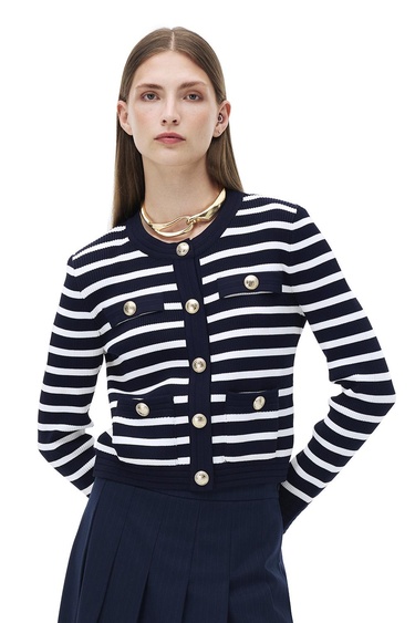  Triko Slim Fit Standart Boy Takma Kol Bisiklet Yaka Ekru lacıvert Hırka