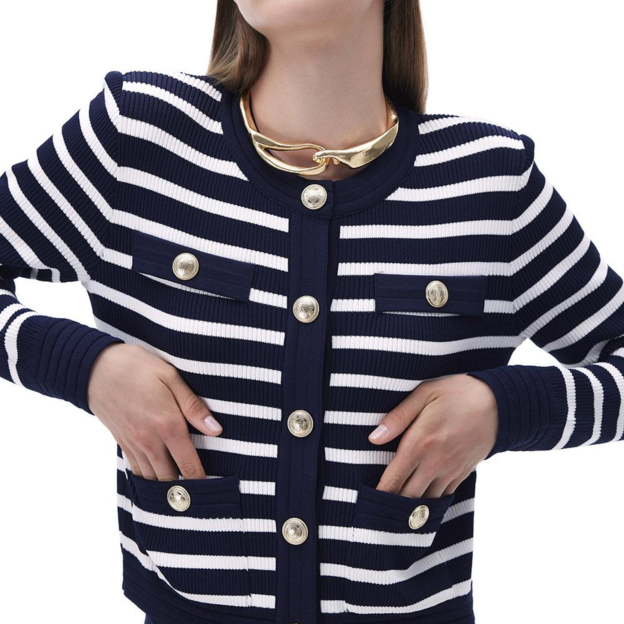 Triko Slim Fit Standart Boy Takma Kol Bisiklet Yaka Ekru lacıvert Hırka