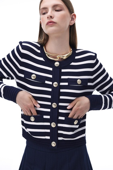  Triko Slim Fit Standart Boy Takma Kol Bisiklet Yaka Ekru lacıvert Hırka