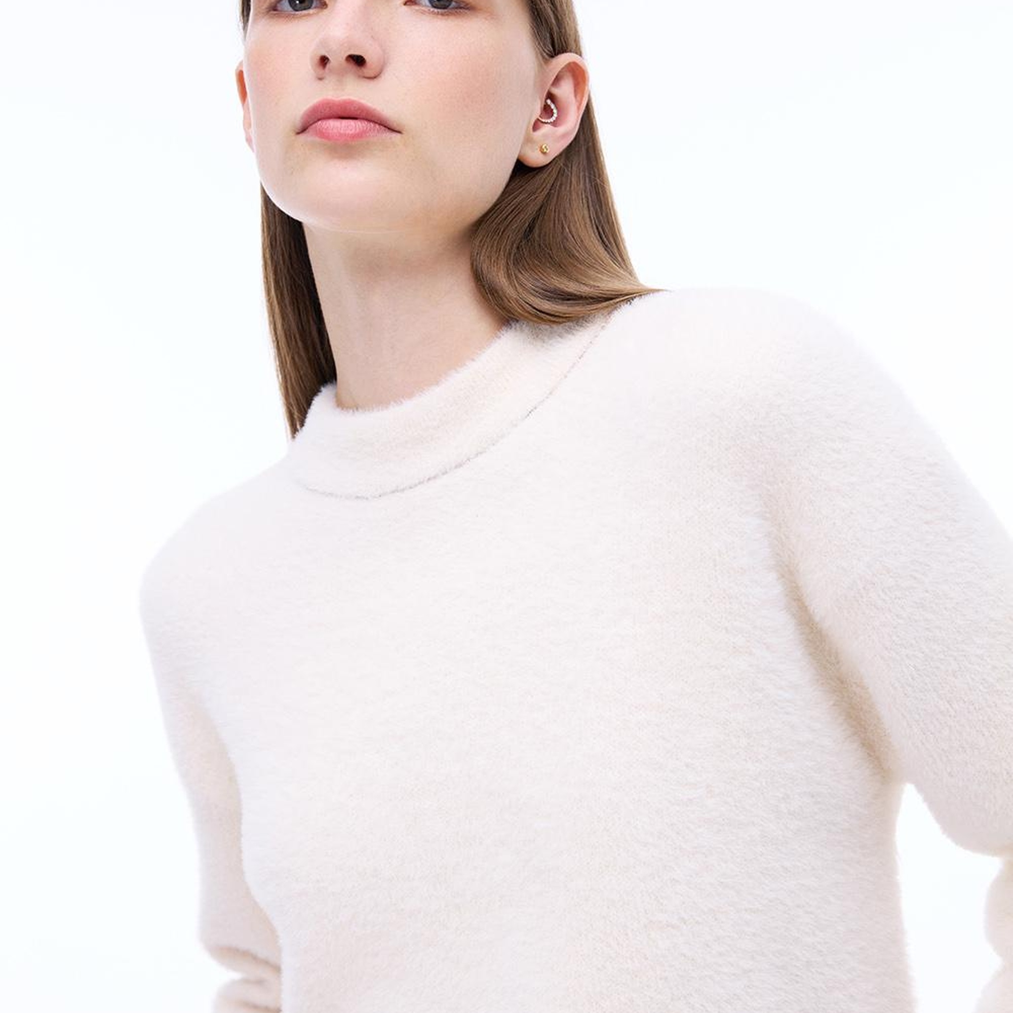 Triko Rahat Kalıp Standart Boy Düşük Kollu Bisiklet Yaka Ekru Kazak