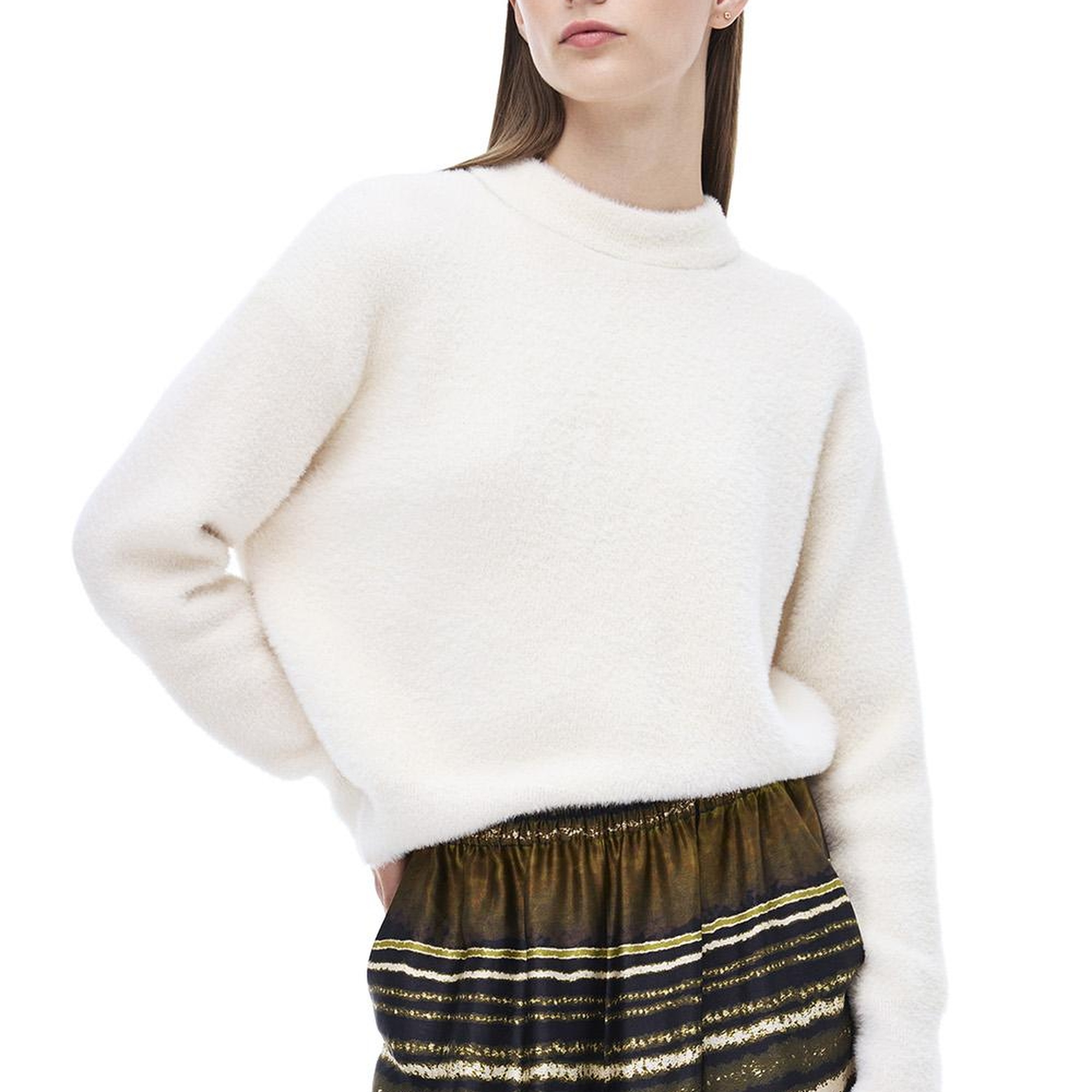 Triko Rahat Kalıp Standart Boy Düşük Kollu Bisiklet Yaka Ekru Kazak