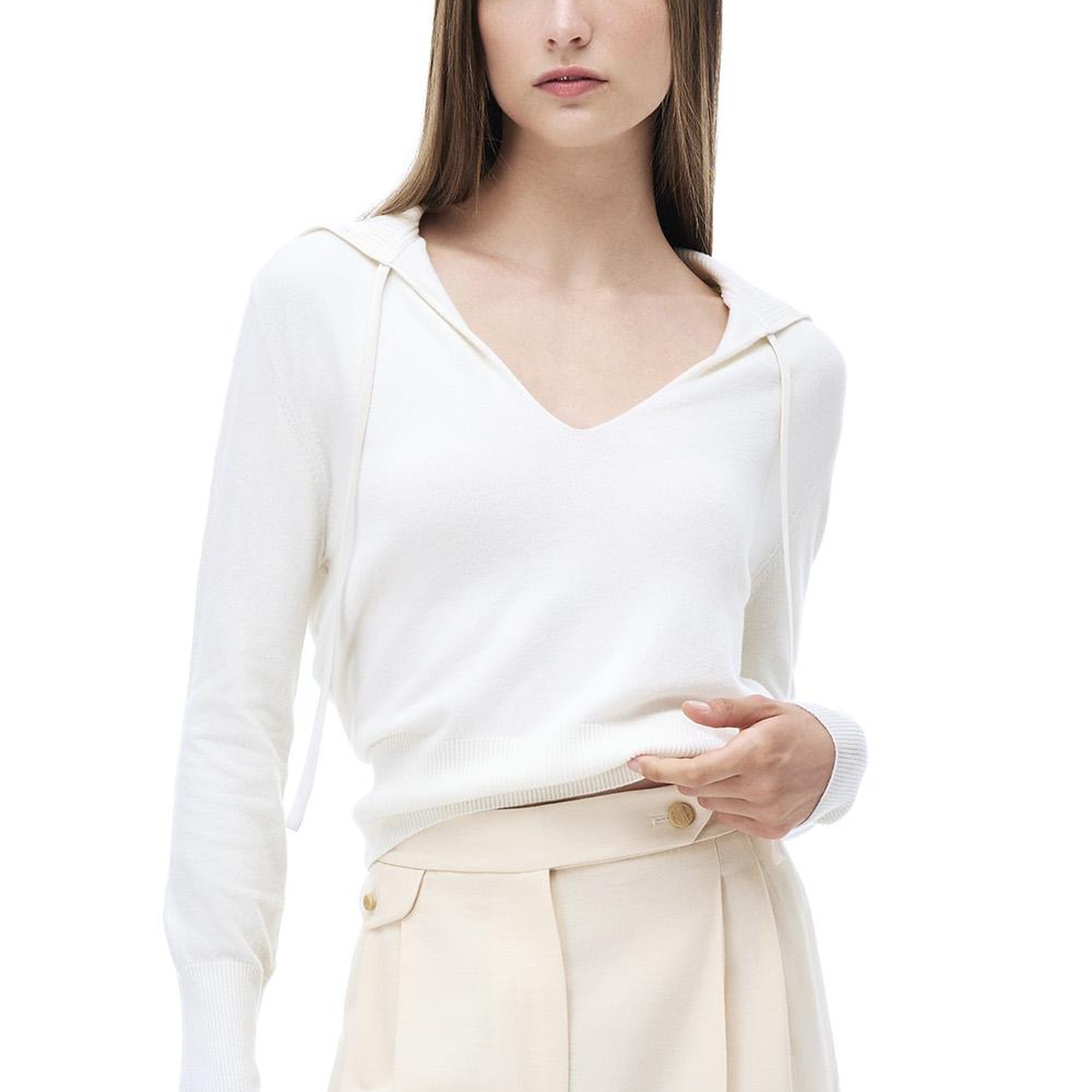 Triko Rahat Kalıp Standart Boy Takma Kol V-Yaka Ekru Kazak