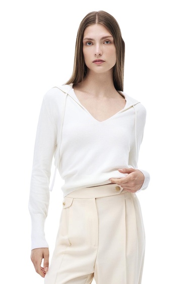  Triko Rahat Kalıp Standart Boy Takma Kol V-Yaka Ekru Kazak